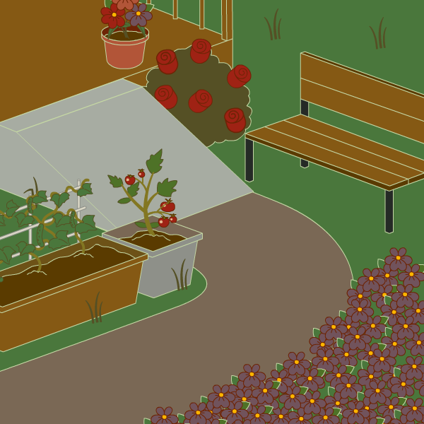 一个花园的插图，有一条长凳，通往一条小径的坡道，小径两旁种满了植物和鲜花